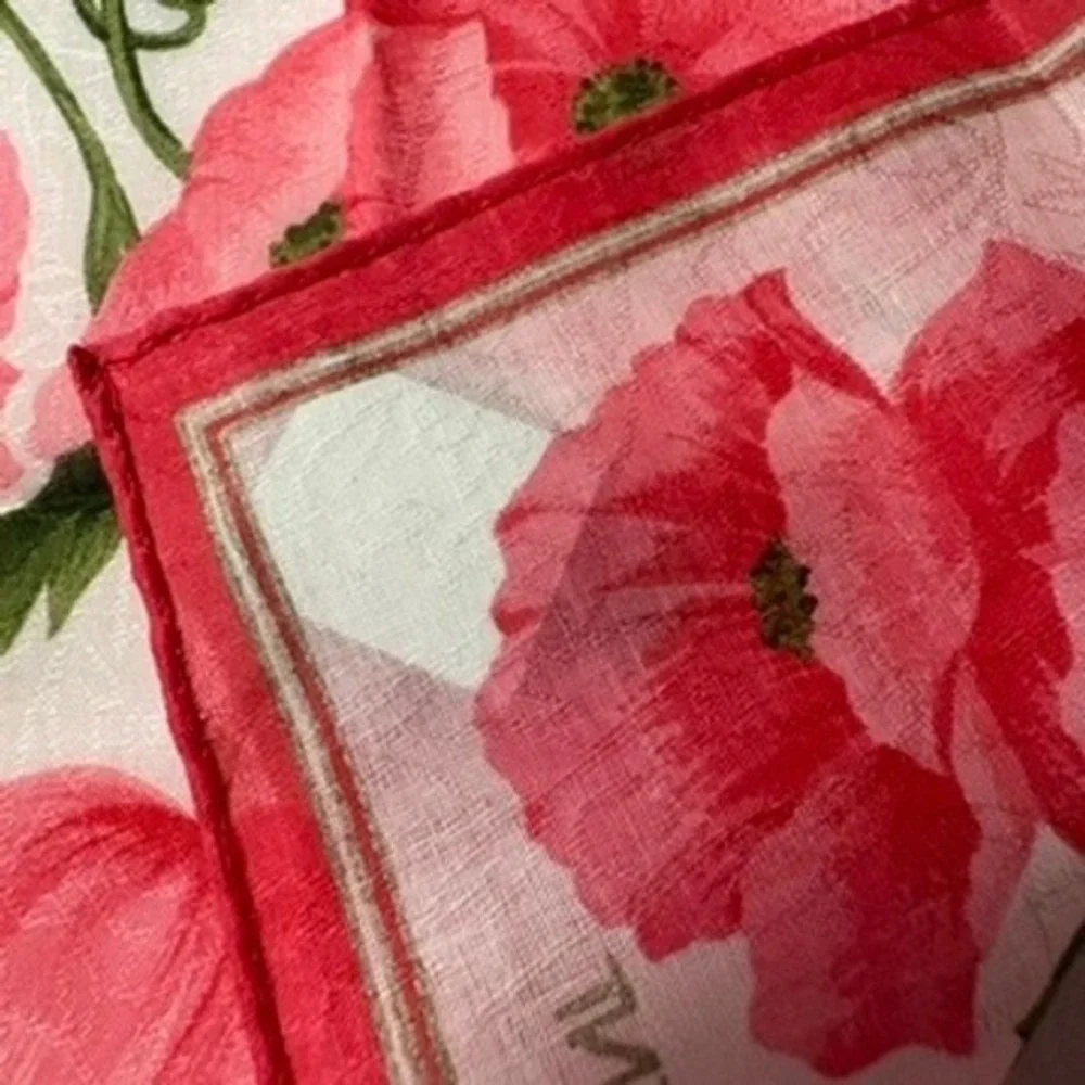 Vtg YVES SAINT LAURENT Scarf Handkerchief Poppy Floral Cotton Pink White 18.5